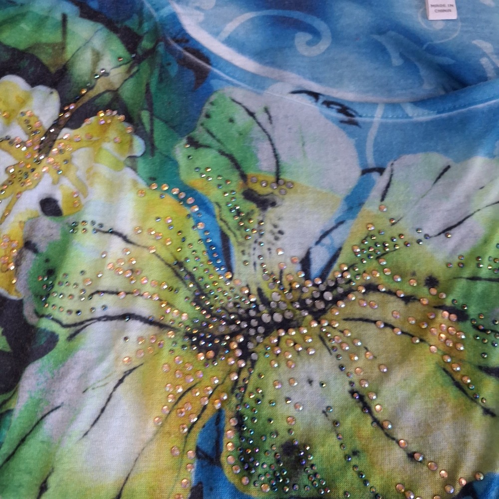 Fashion Bug Floral Rhinestone Tunic Top Blue Green Drawstring Ruched Small - Picture 8 of 11